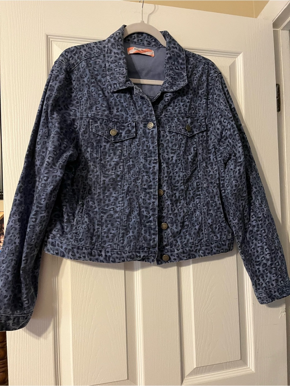 Blue Leopard Print Denim Jacket - Women's Cropped Jean Jacket